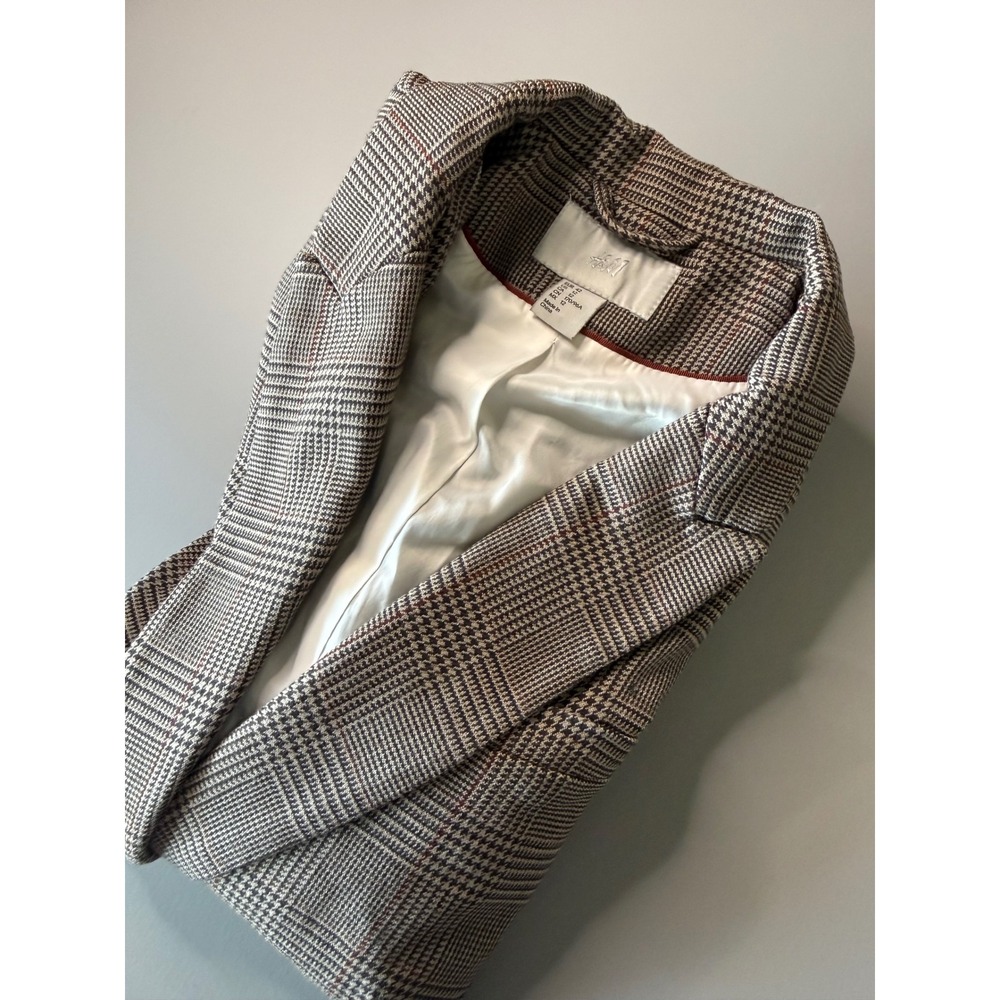 HM Womens Glen Plaid Blazer Brown Grey Check Single Button Jacket Size 12